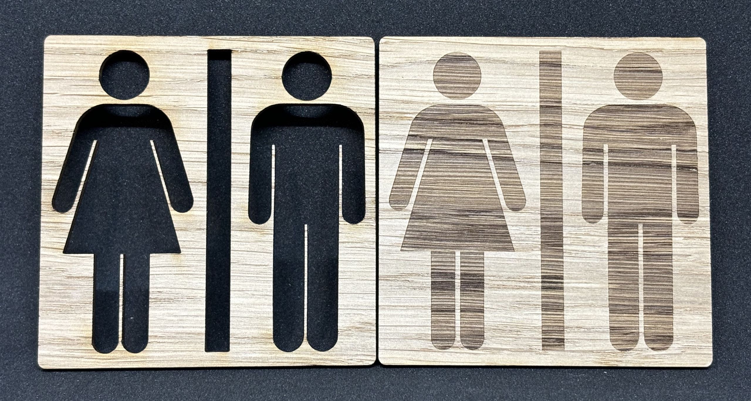 Holz-Türschilder für Damen- und Herrentoilette, Lasergravur und -schnitt, geschlechtsneutrales Design.